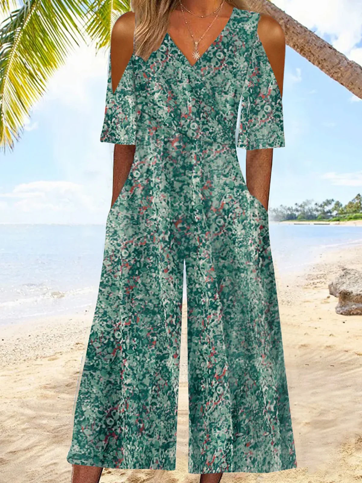 Women's Small Floral V Neck Short Sleeve Vacation Summer Jumpsuit