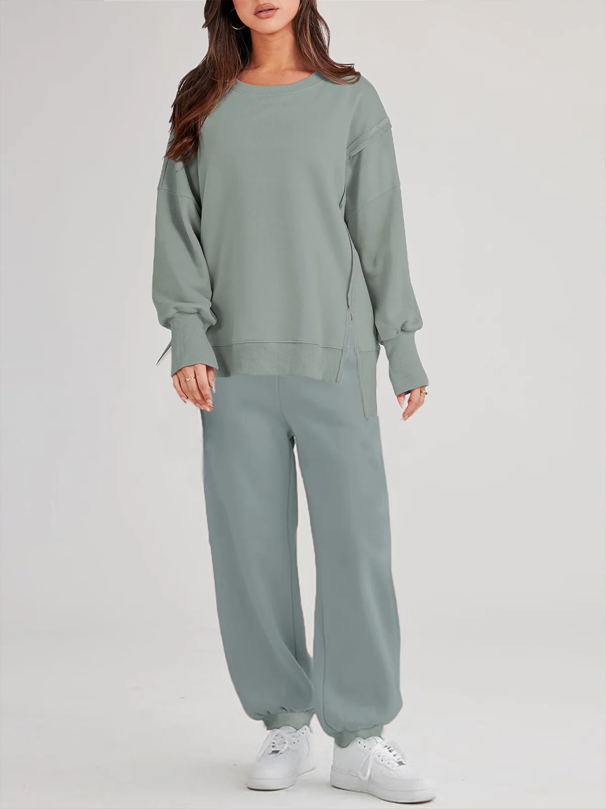 Plain Crew Neck Casual Loose Two-Piece Set