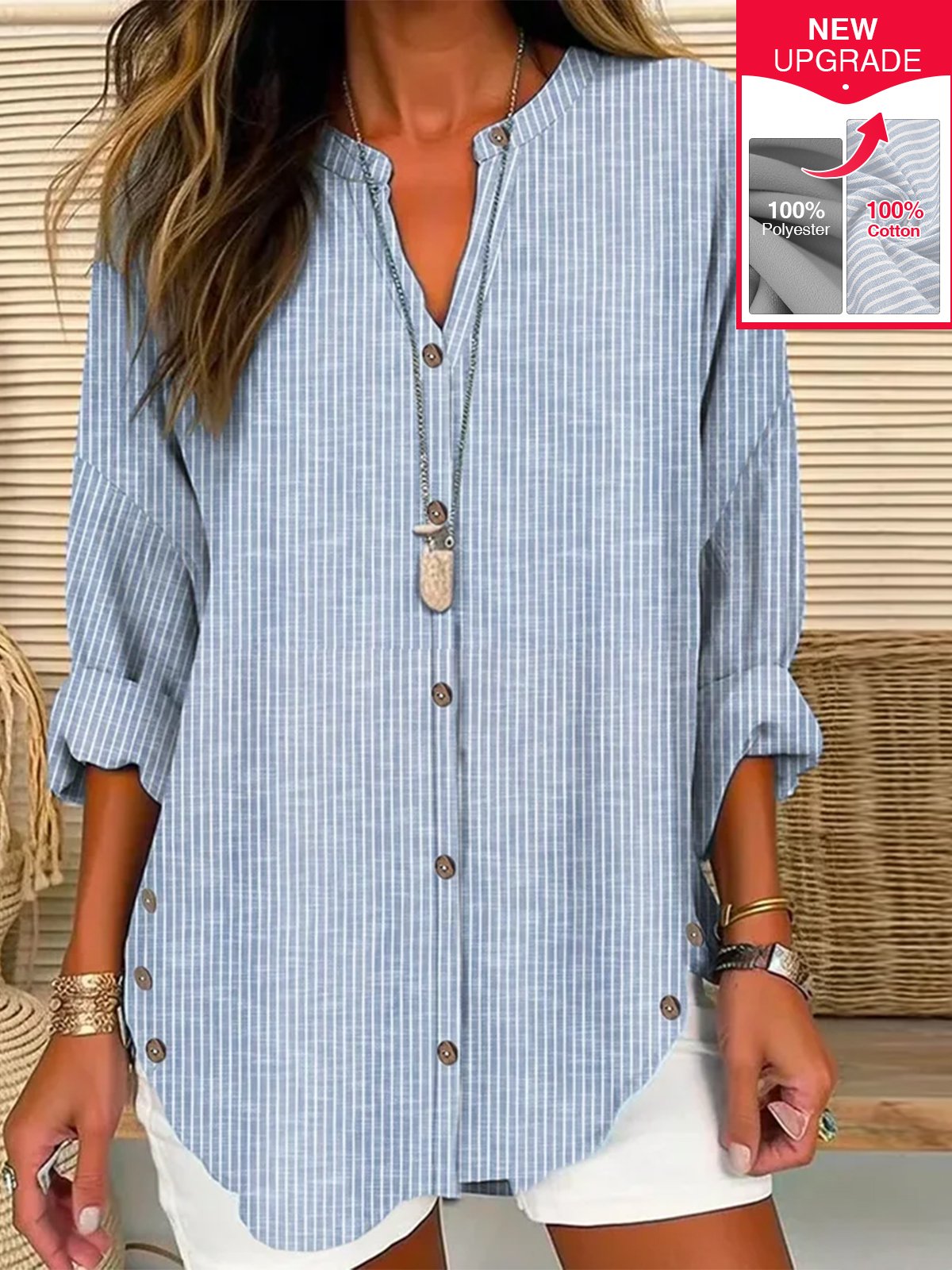 Women's Long Sleeve Shirt Spring/Fall Striped Cotton Shirt Collar Daily Going Out Casual Top Blue