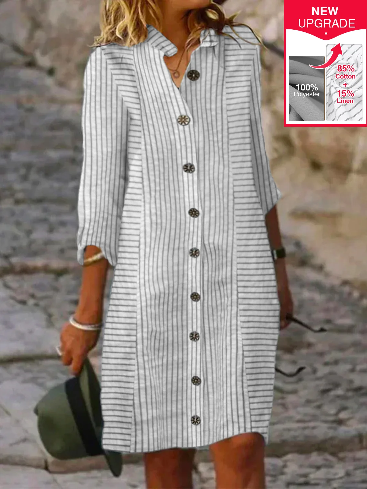 Women's Three Quarter Sleeve Spring/Fall Striped Dress Shirt Collar Daily Going Out Casual Mini X-Line