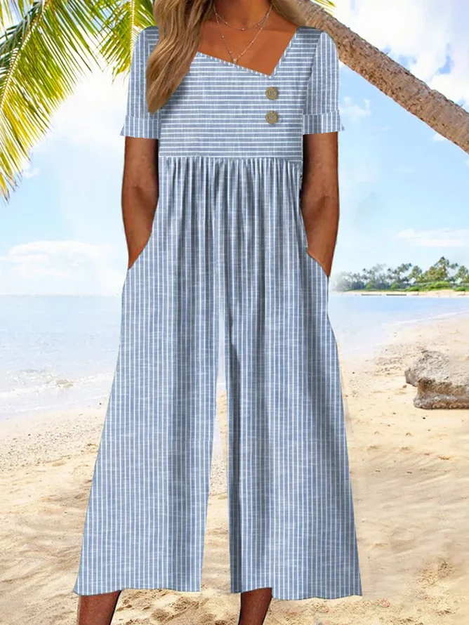 Women's H-Line Asymmetrical Daily Going Out Vacation Buckle Striped Summer Ankle Pants Jumpsuit/Romper