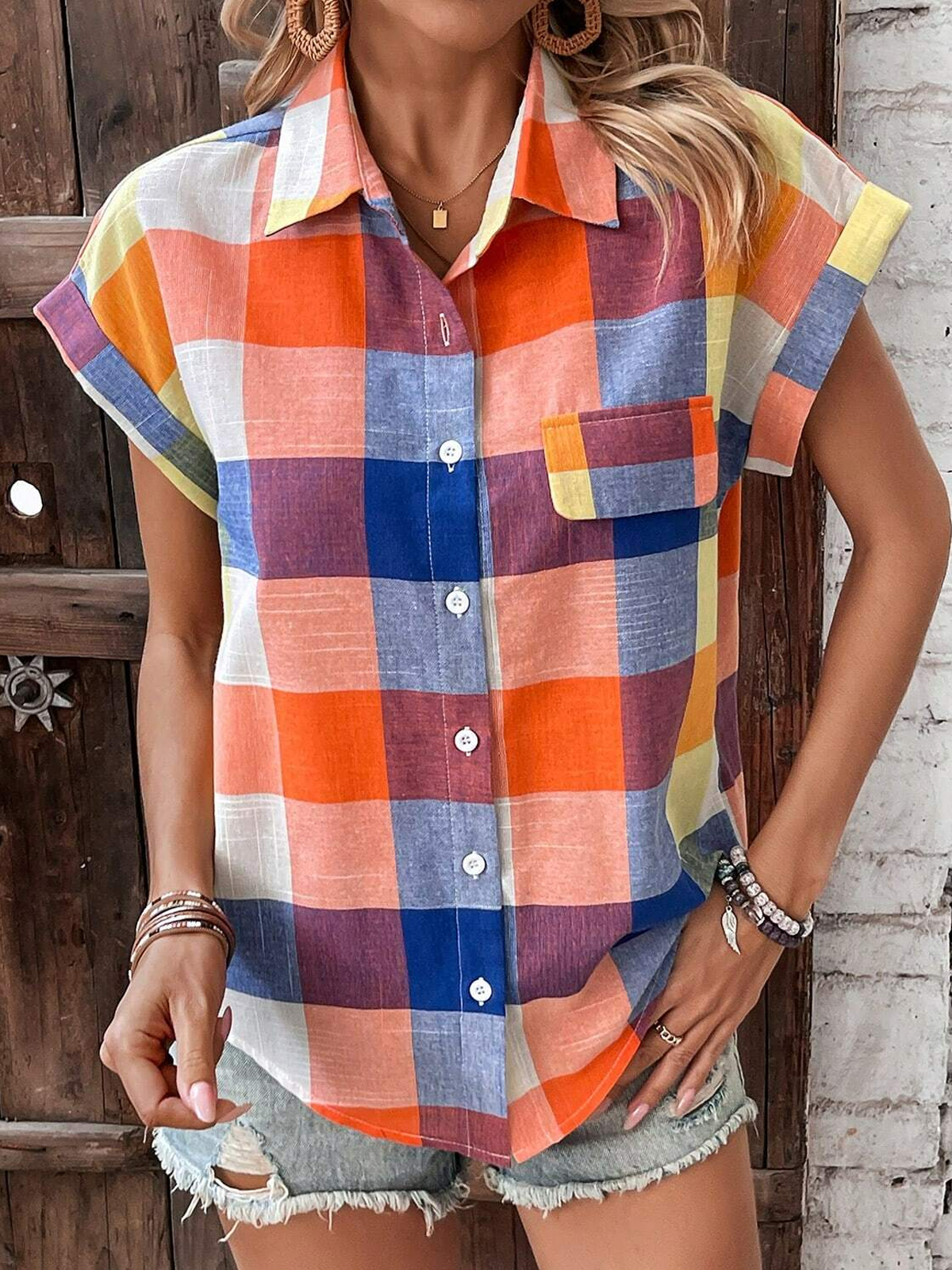 Women's Short Sleeve Shirt Summer Plaid Cotton Shirt Collar Daily Going Out Casual Top