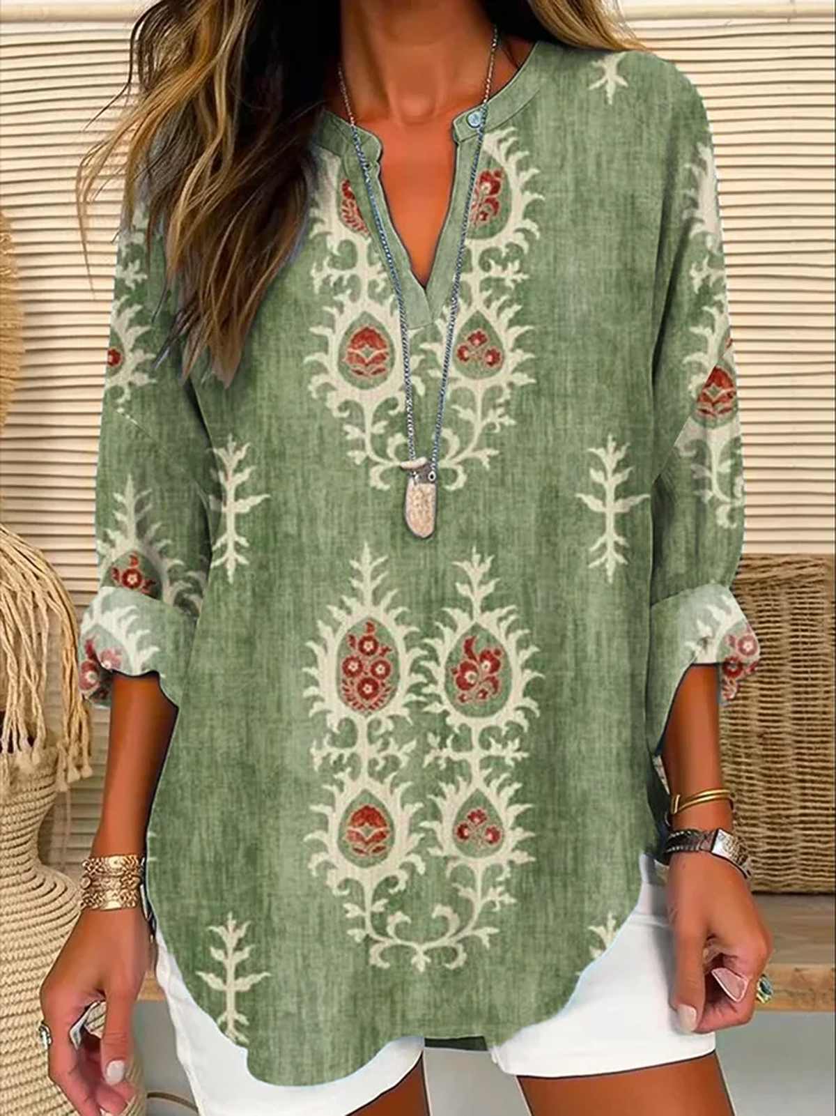 Women's Long Sleeve Blouse Summer Ethnic Notched Daily Going Out Casual Top Green