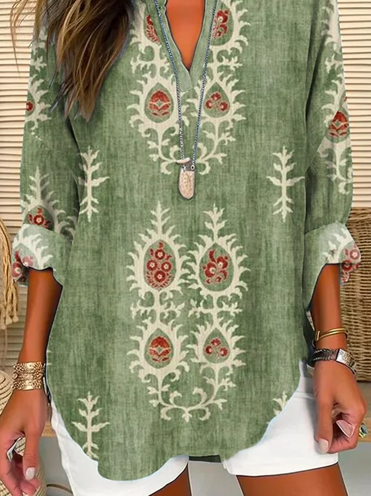 Women's Long Sleeve Blouse Summer Ethnic Notched Daily Going Out Casual Top Green