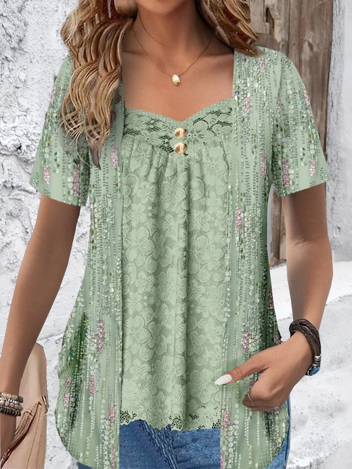 Women's Short Sleeve Blouse Summer Ditsy Floral Lace Jersey Daily Going Out Casual Top