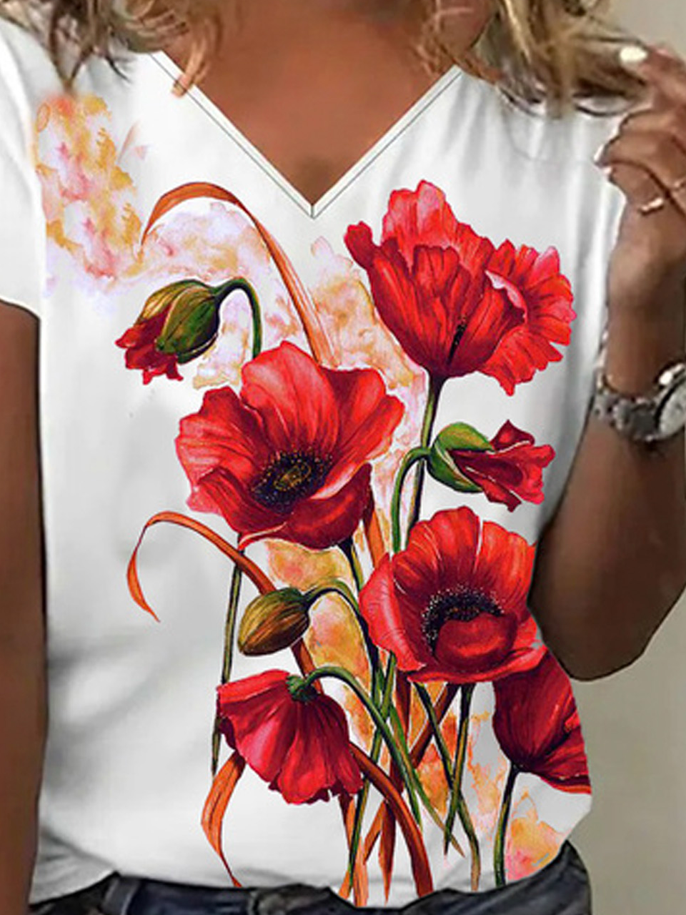 Women's Short Sleeve Tee T-shirt Summer Floral V Neck Casual Top