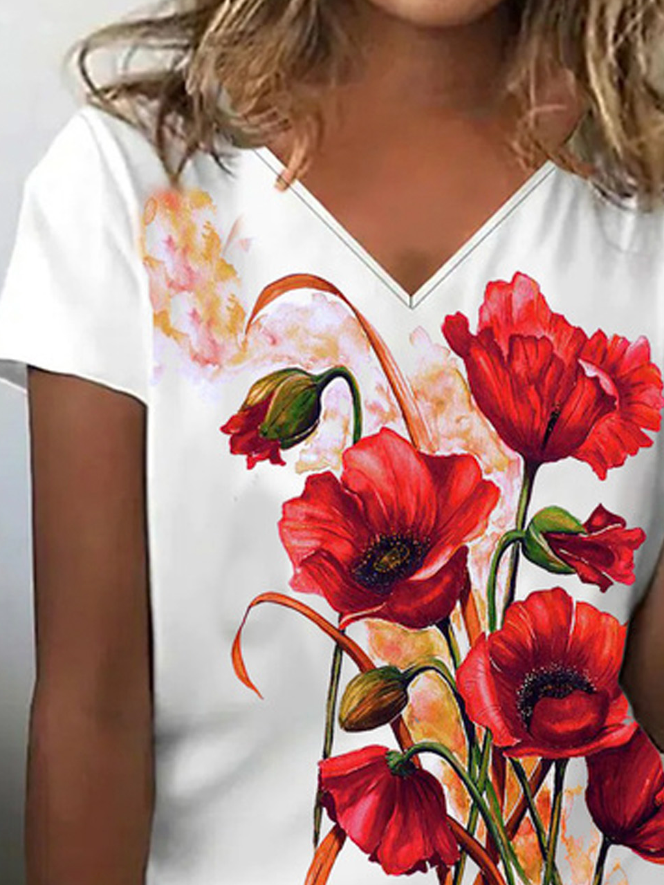 Women's Short Sleeve Tee T-shirt Summer Floral V Neck Casual Top