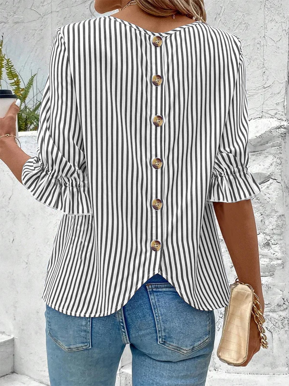 Striped Crew Neck Simple Loose Shirt