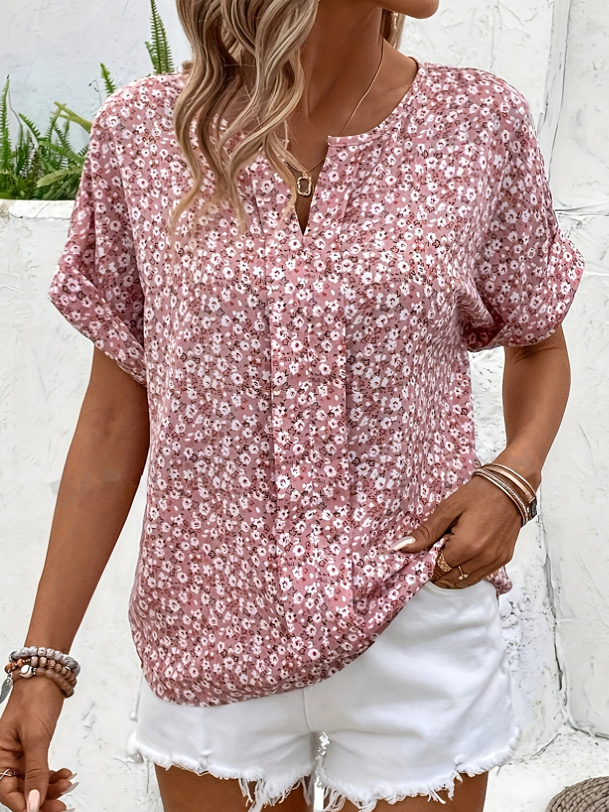 Women's Short Sleeve Blouse Summer Ditsy Floral Notched Daily Going Out Casual Top