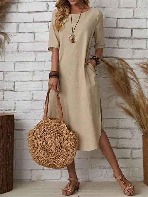 Women's Short Sleeve Summer Plain Cotton Dress Crew Neck Daily Going Out Casual Maxi H-Line T-Shirt Dress Khaki