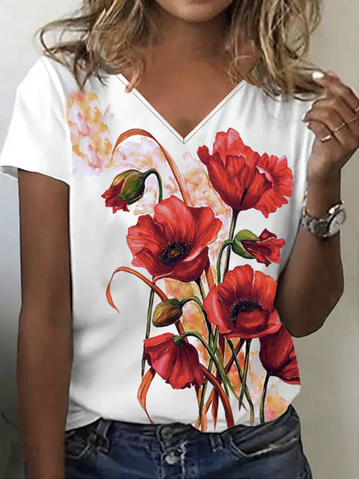 Women's Short Sleeve Tee T-shirt Summer Floral V Neck Casual Top