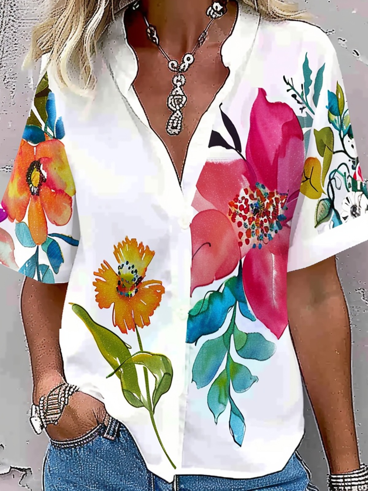 Women's Short Sleeve Shirt Summer Floral Notched Daily Going Out Casual Top