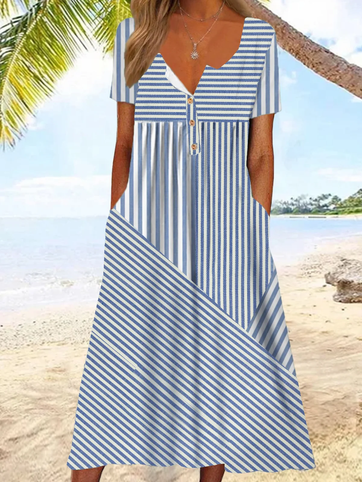 Women's Short Sleeve Summer Striped Dress Daily Going Out Casual Midi A-Line