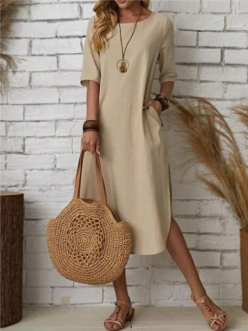 Women's Short Sleeve Summer Plain Cotton Dress Crew Neck Daily Going Out Casual Maxi H-Line T-Shirt Dress Khaki