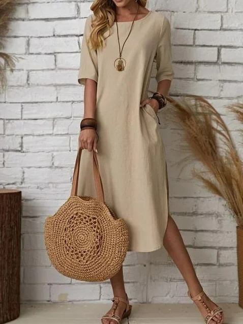 Women's Short Sleeve Summer Plain Cotton Dress Crew Neck Daily Going Out Casual Maxi H-Line T-Shirt Dress Khaki