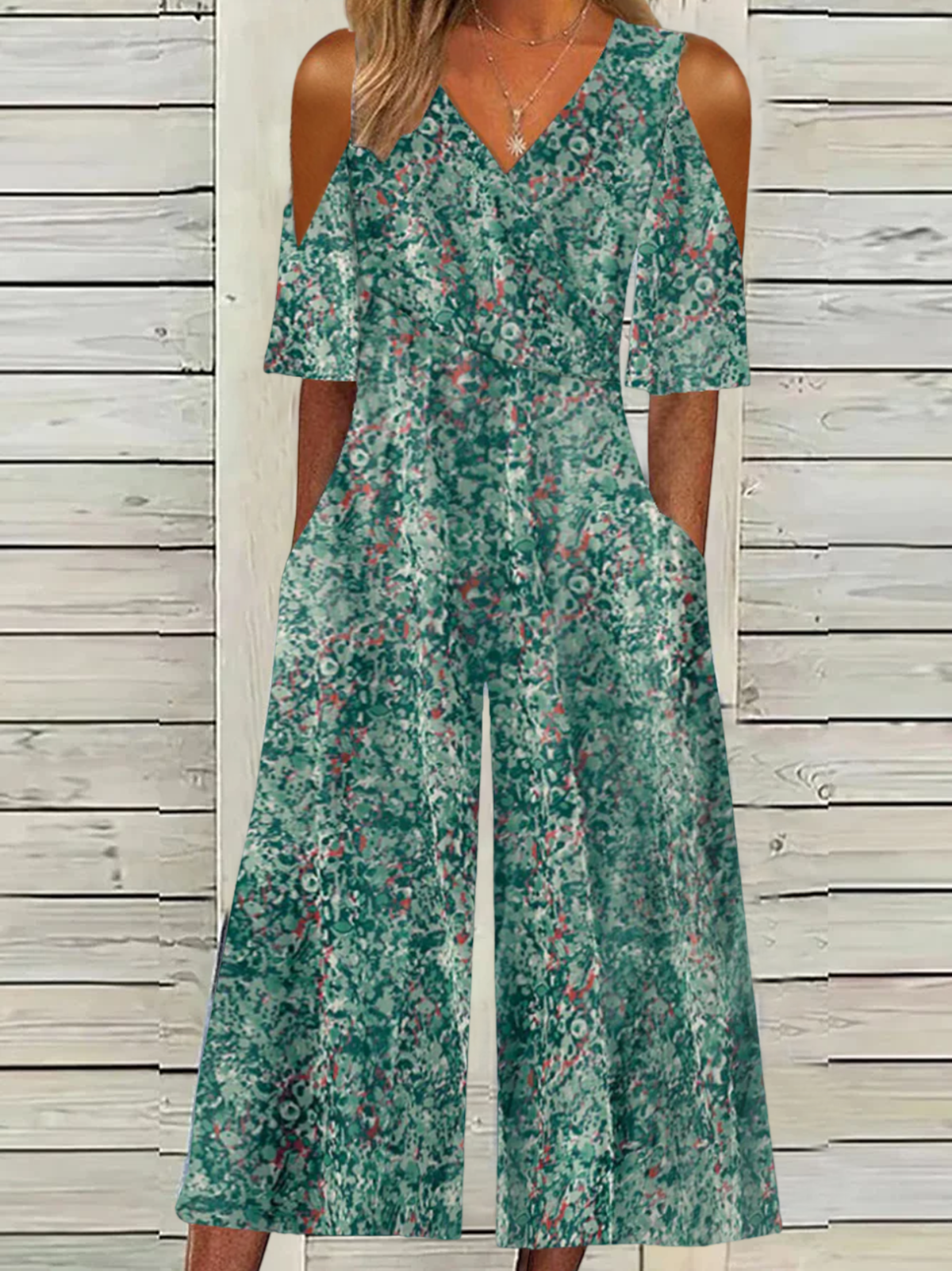 Women's Small Floral V Neck Short Sleeve Vacation Summer Jumpsuit