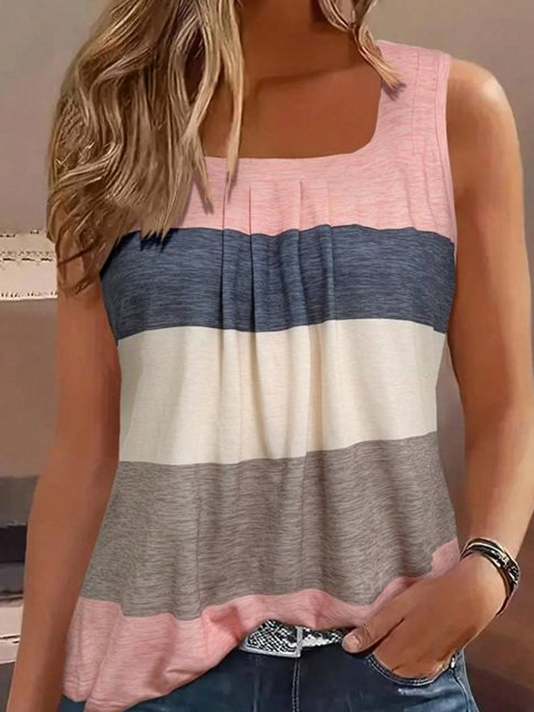 Women's Sleeveless Tank Top Camisole Summer Multicolor Block Square Neck Daily Going Out Casual Top