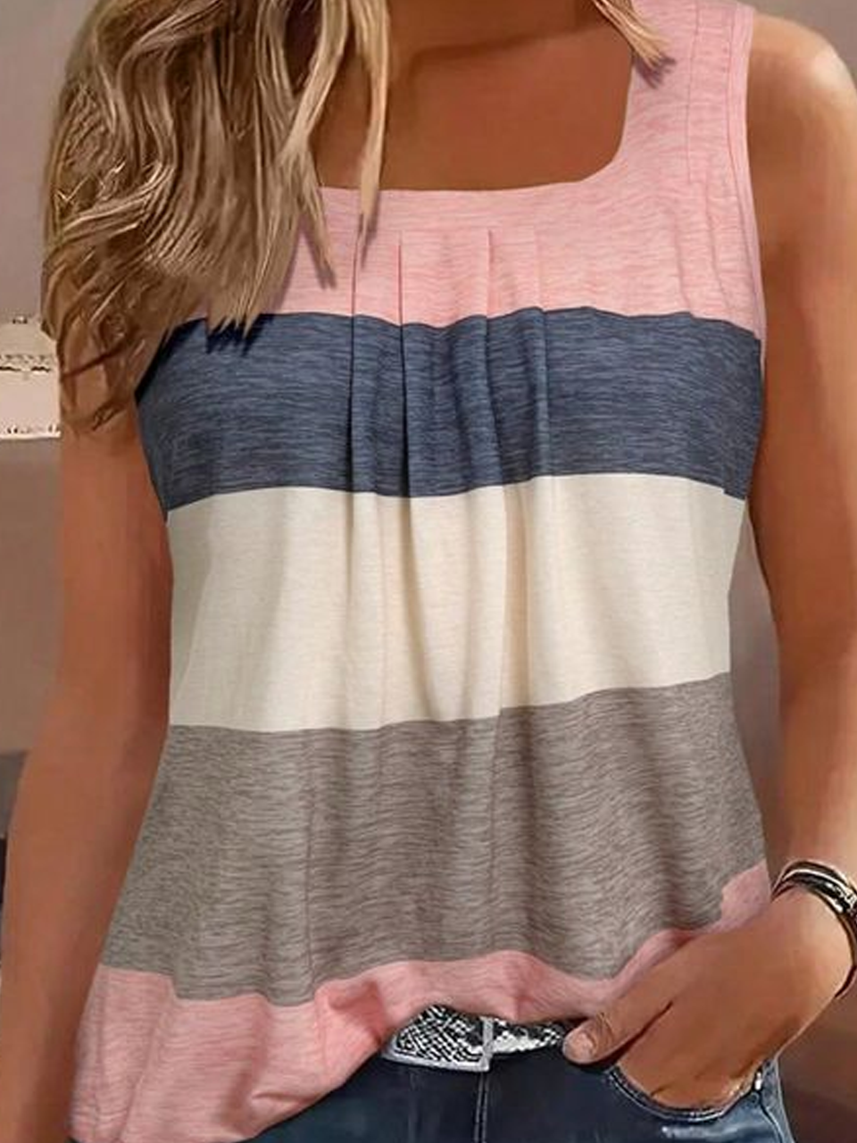 Women's Sleeveless Tank Top Camisole Summer Multicolor Block Square Neck Daily Going Out Casual Top