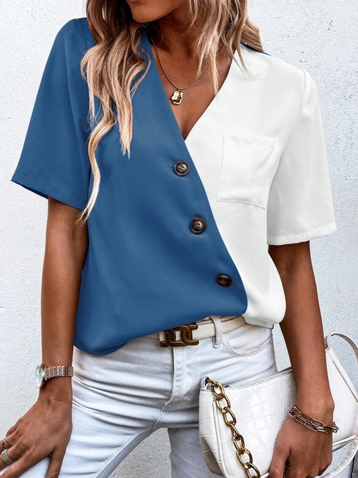 Women's Short Sleeve Blouse Summer Color Block Buckle V Neck Daily Going Out Casual Top Yellow