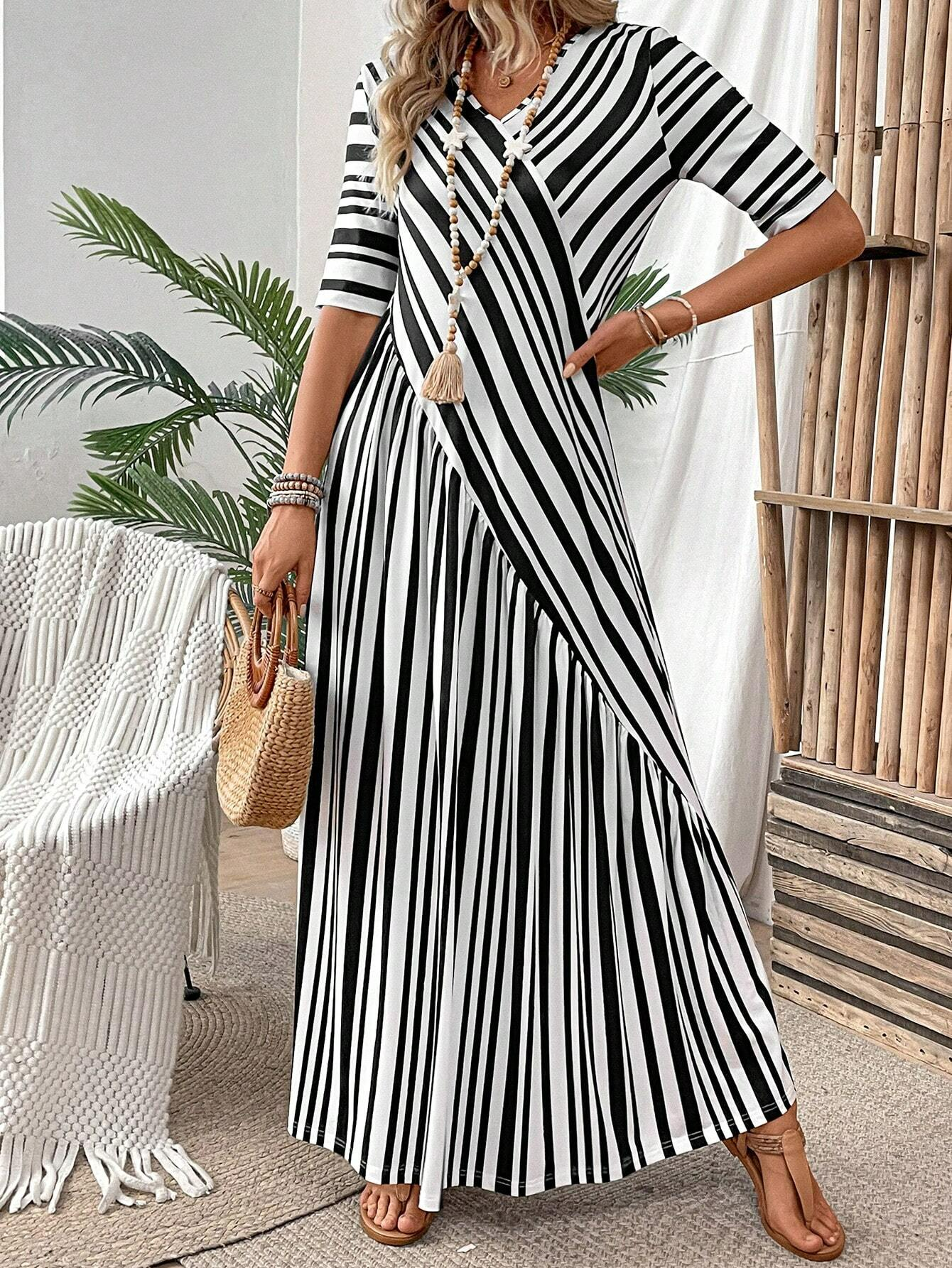 Women's Half Sleeve Summer Dress Black Striped Cross V Neck Going Out Casual Maxi A-Line Dress