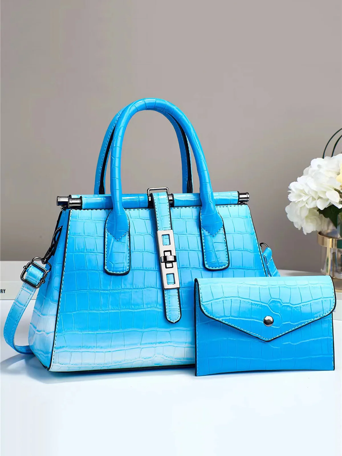 2pcs/set Large Capacity Crocodile Embossed Tote Bag Commuting Crossbody Bag with Coin Purse