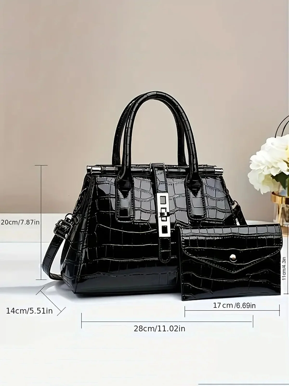 2pcs/set Large Capacity Crocodile Embossed Tote Bag Commuting Crossbody Bag with Coin Purse