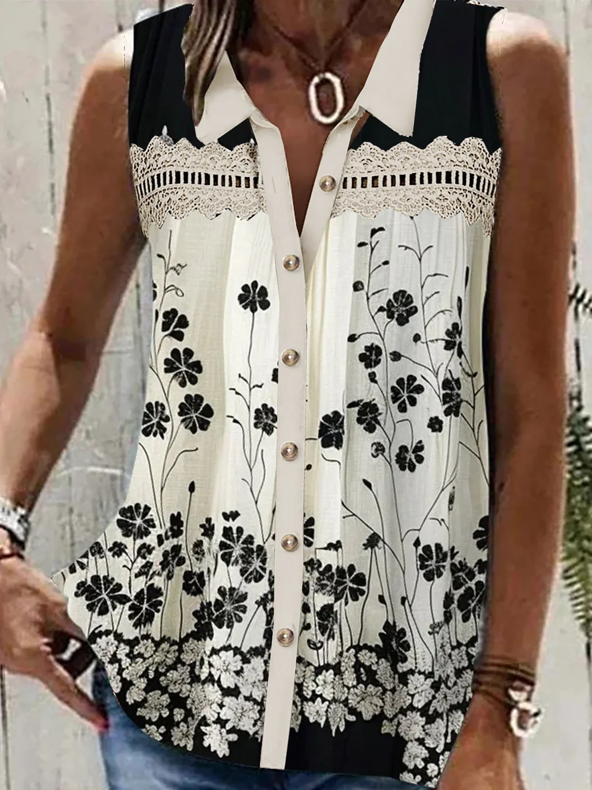 Women's Sleeveless Tank Top Camisole Summer Floral Buttoned Shirt Collar Holiday Going Out Casual Top