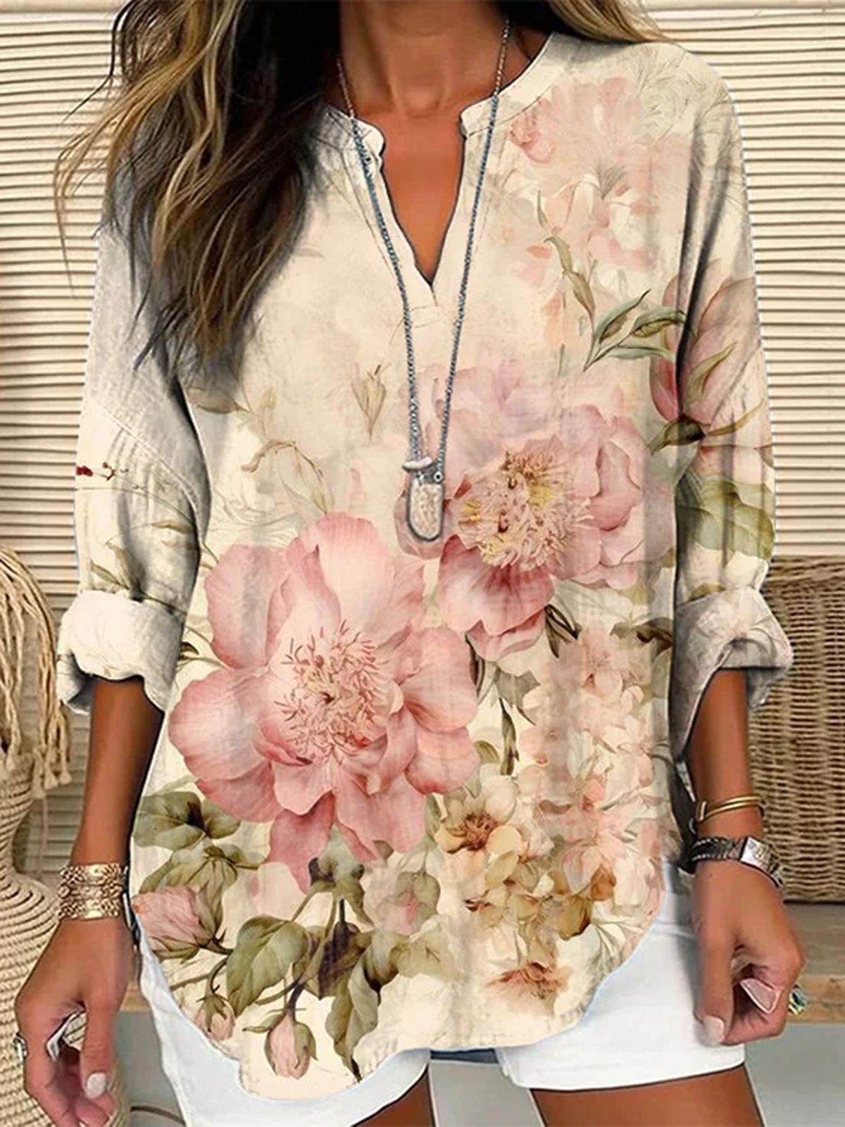 Women's Long Sleeve Blouse Spring/Fall Floral Notched Daily Going Out Casual Top Apricot