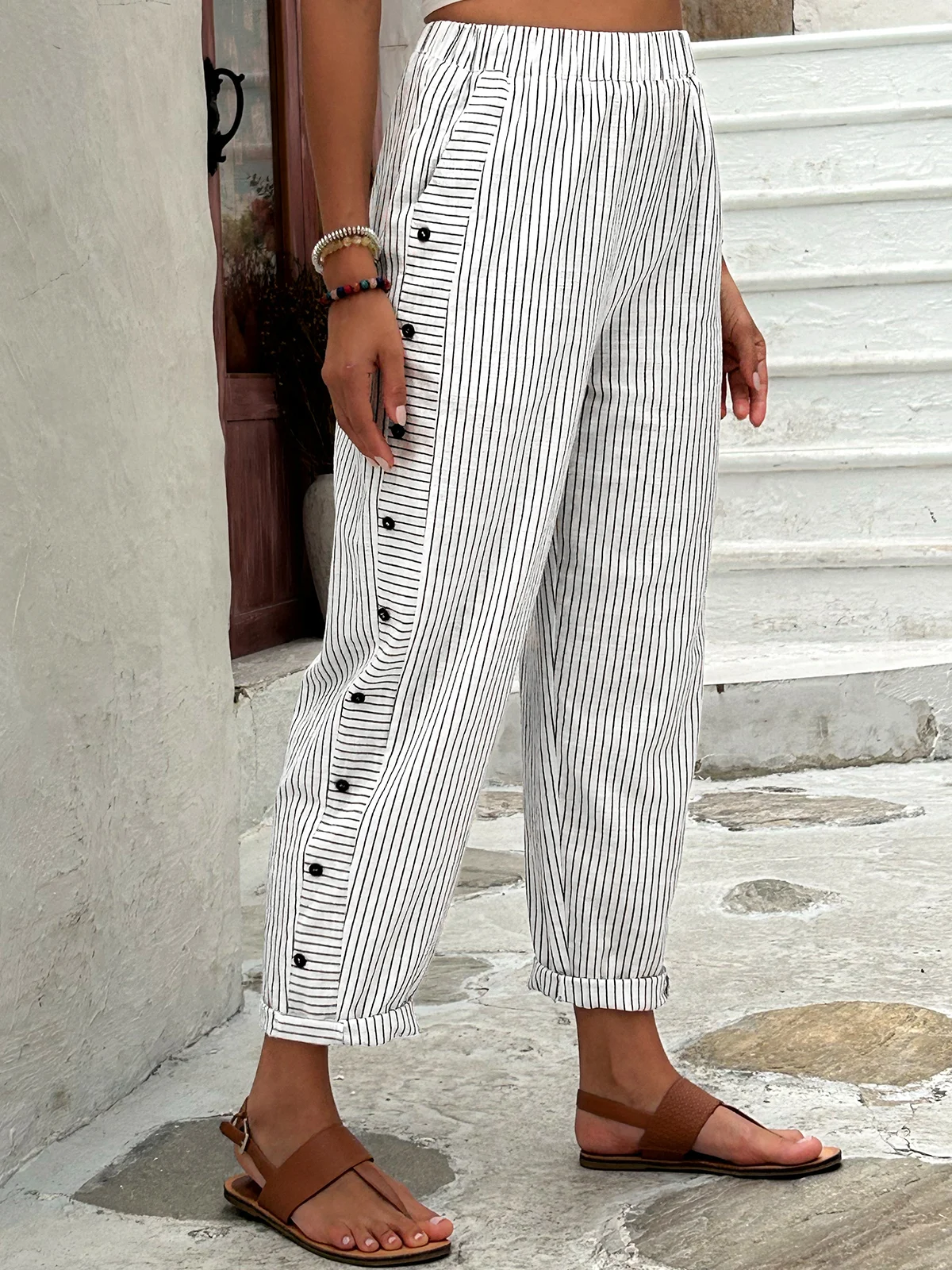 Women's Trousers Straight Pants Daily Going Out Casual Buttoned Cotton Striped Spring/Fall Pants