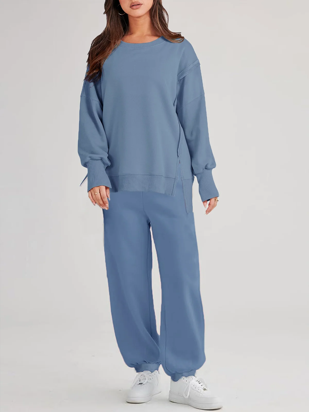 Plain Crew Neck Casual Loose Two-Piece Set