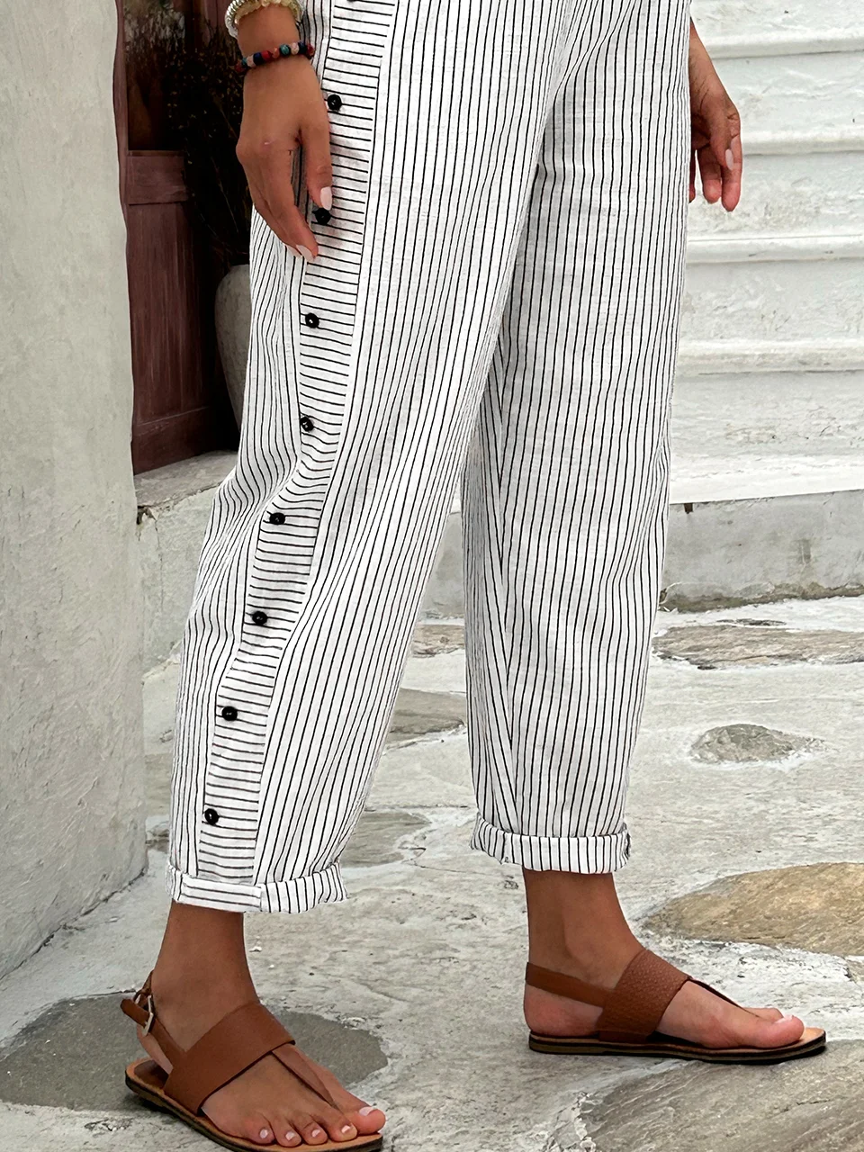 Women's Trousers Straight Pants Daily Going Out Casual Buttoned Cotton Striped Spring/Fall Pants