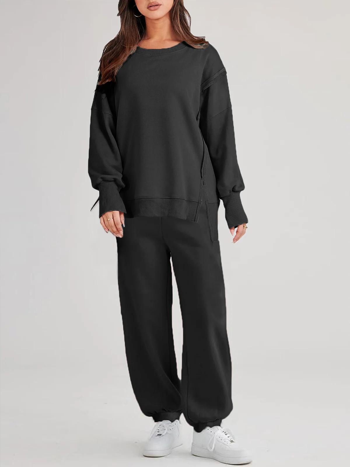 Plain Crew Neck Casual Loose Two-Piece Set