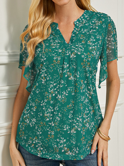 Casual V Neck Floral Loose Blouse
