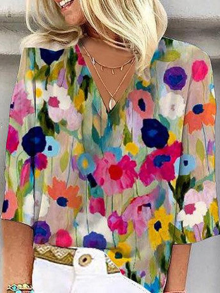 Plus Size Floral Casual Loose V Neck Shirt