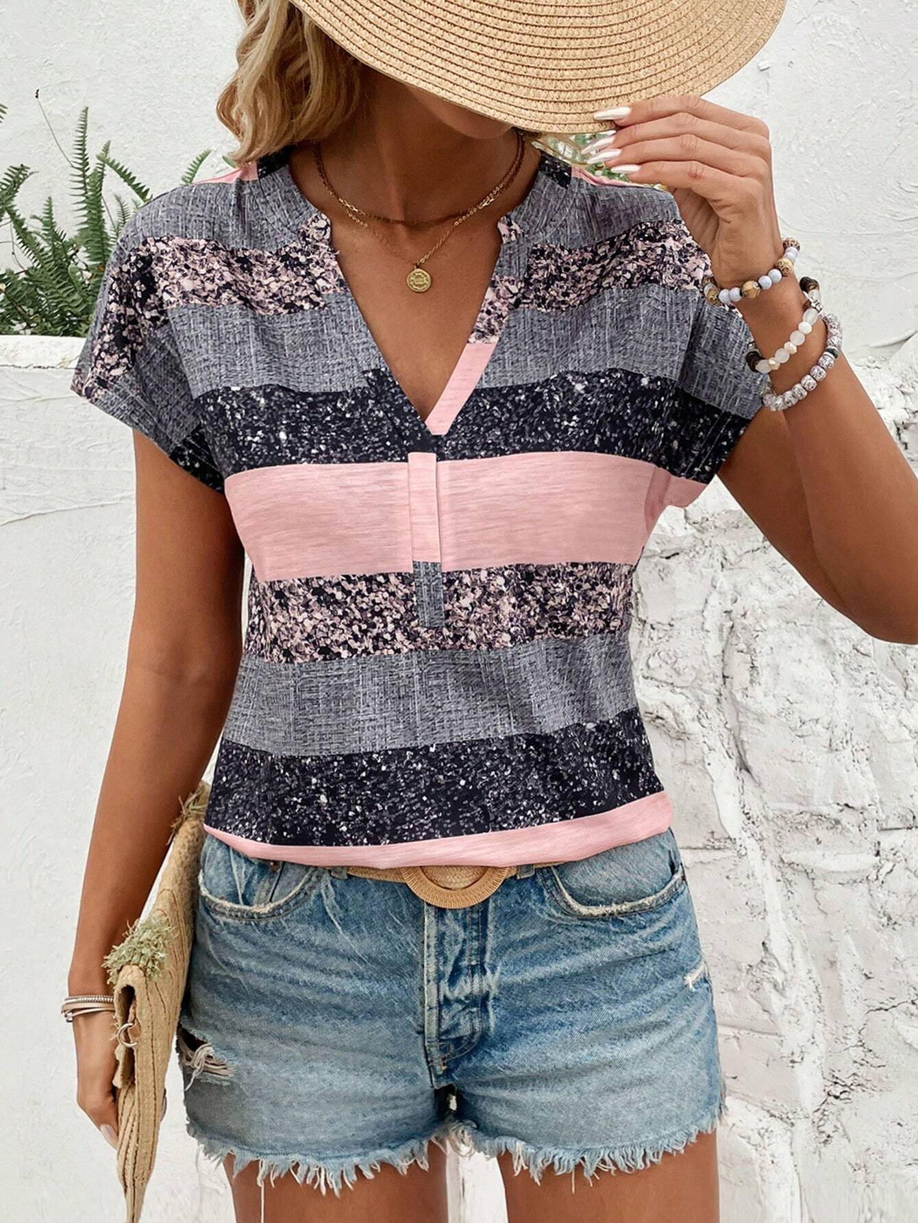 Women's Short Sleeve Tee T-shirt Summer Striped V Neck Casual Top