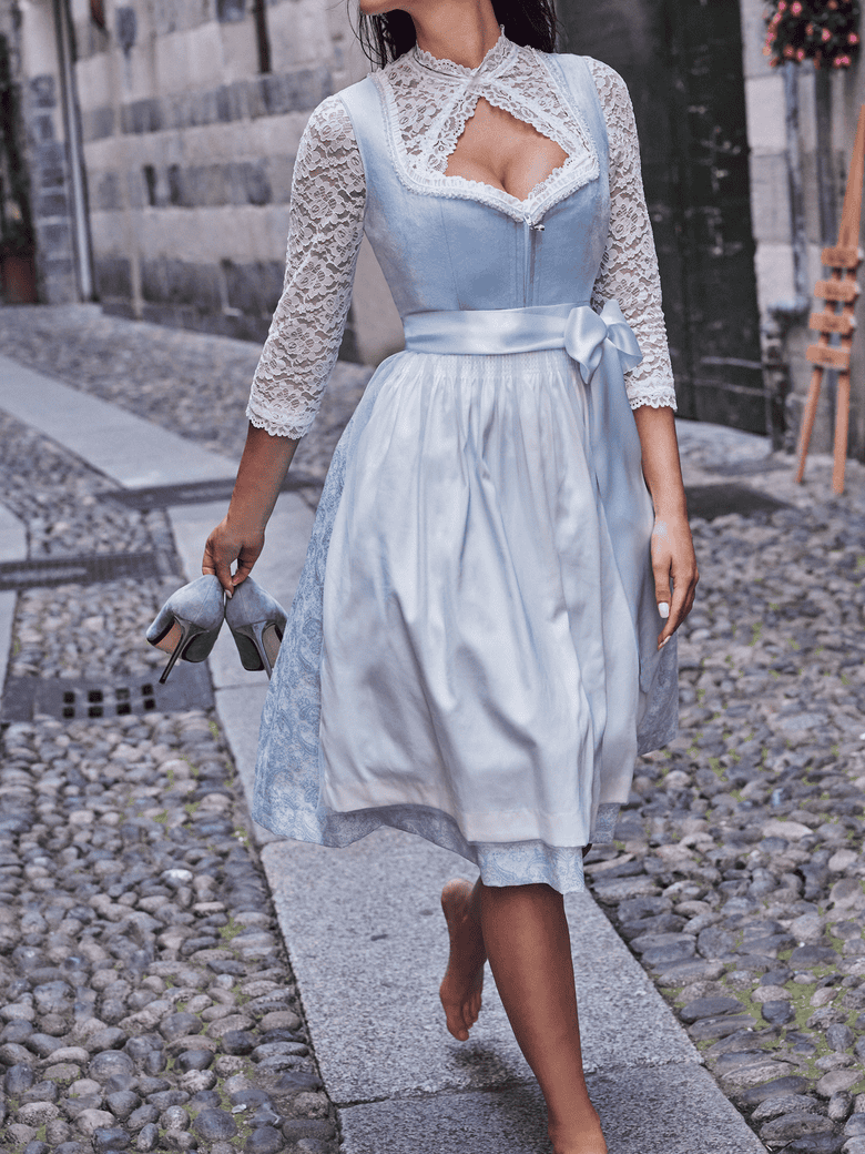 Women's 3/4 Sleeve Drindl Summer Blue Plain Lace Hollow out Lace-up Sweetheart Neckline Party Going Out Vintage Midi X-Line Dress with Belt