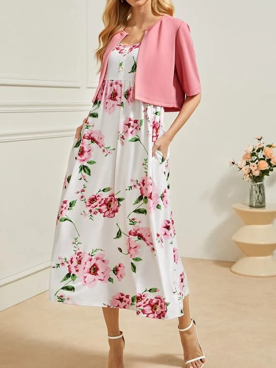 Floral Elegant Loose Crew Neck Two-Piece Set Dress with Cardigan