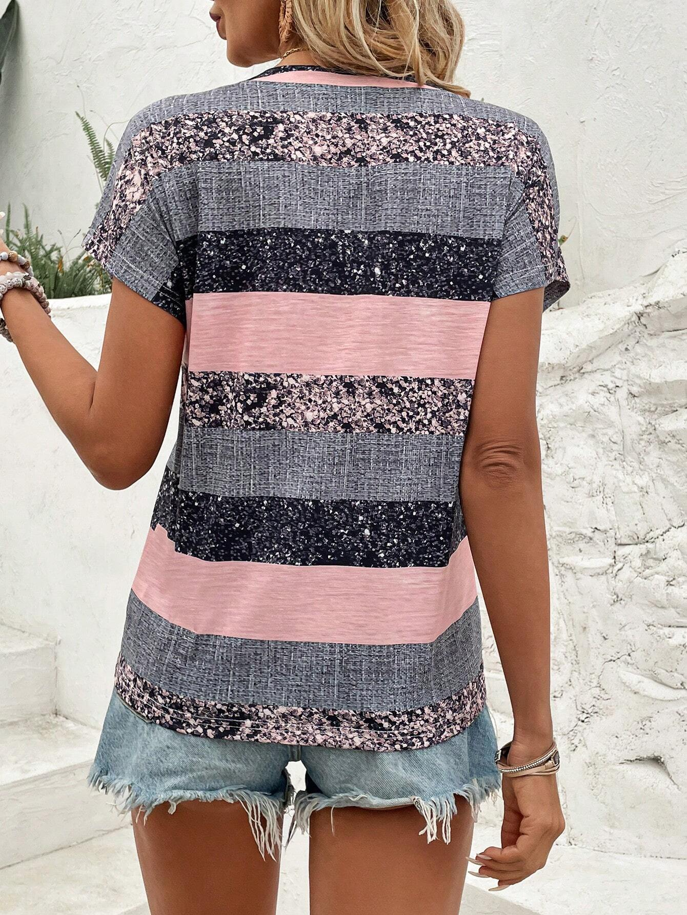 Women's Short Sleeve Tee T-shirt Summer Striped V Neck Casual Top