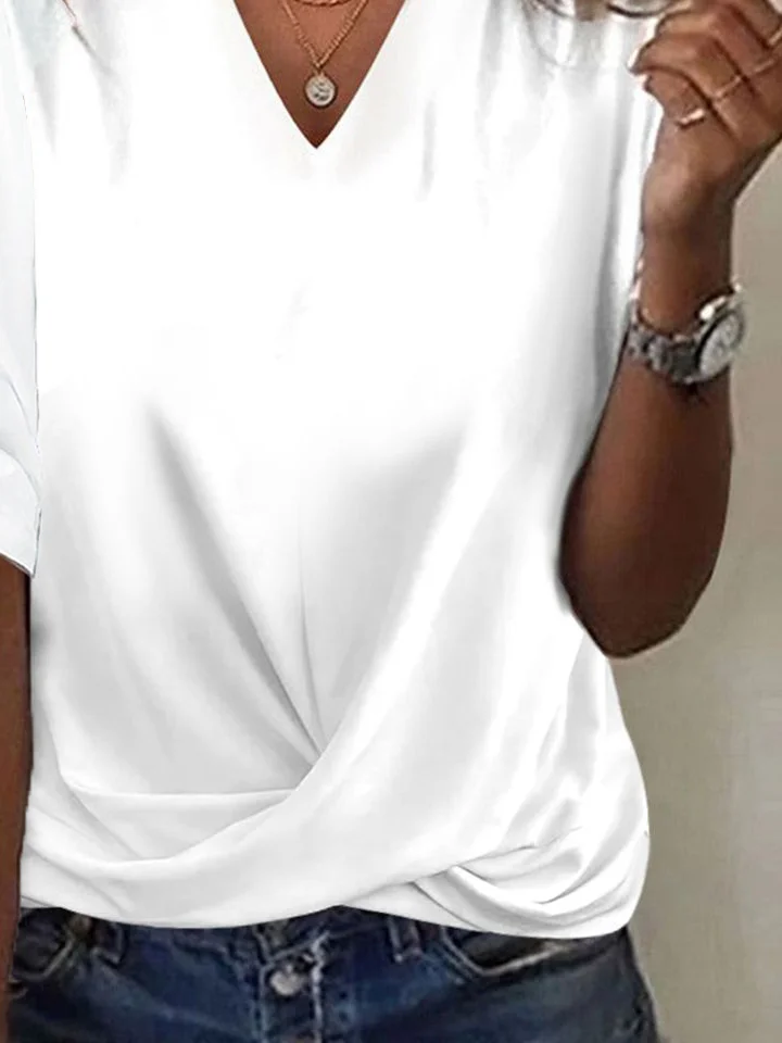 Women's Three Quarter Sleeve Tee T-shirt Spring/Fall Plain Knot Front V Neck Daily Going Out Casual Top White