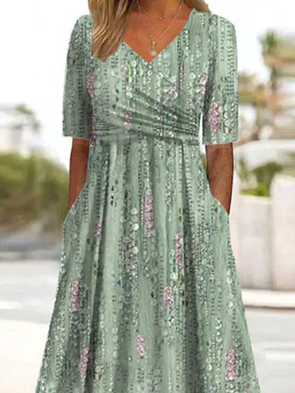 Women's Short Sleeve Summer Floral Cotton Crew Neck Daily Going Out Casual Maxi H-Line Green Dress