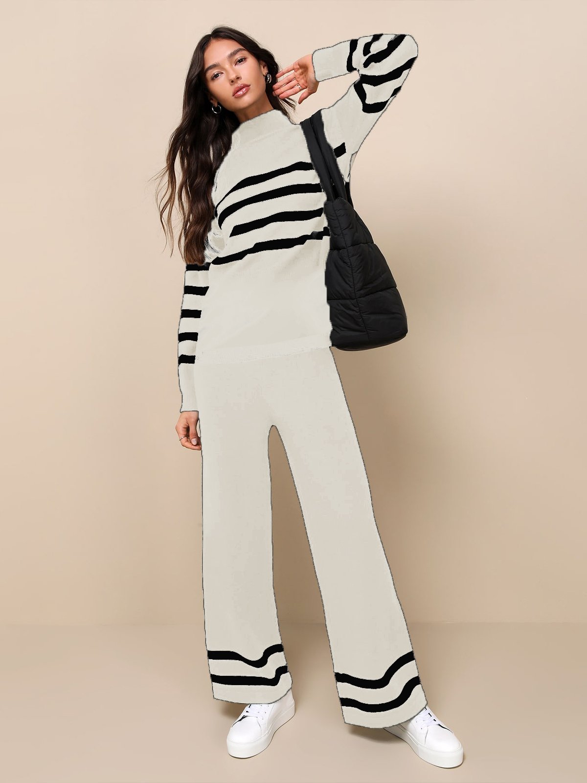 Women's Striped Daily Going Out Two Piece Set Long Sleeve Casual Spring/Fall Top With Pants Matching Set