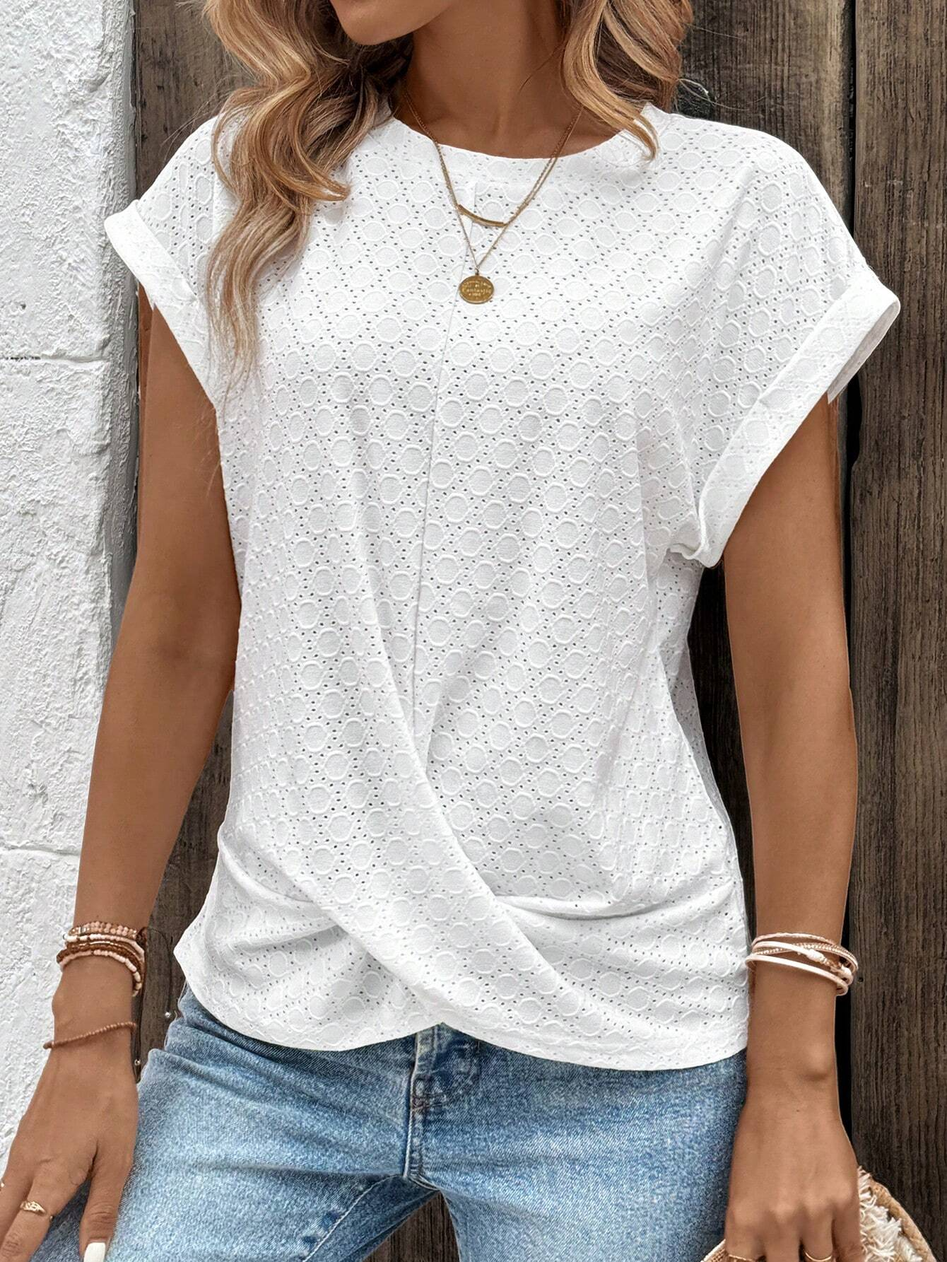 Women's Short Sleeve Shirt Summer White Plain Knot Front Cotton-Blend Crew Neck Daily Going Out Casual Top