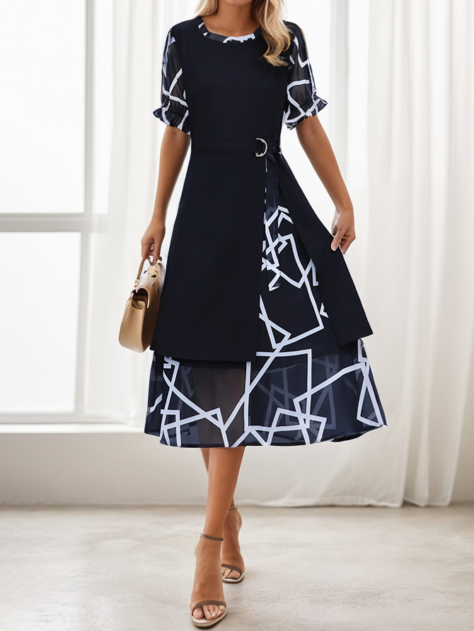 Women's Short Sleeve Summer Geometric Dress Layered Look Crew Neck Elegant Blue Maxi Dress