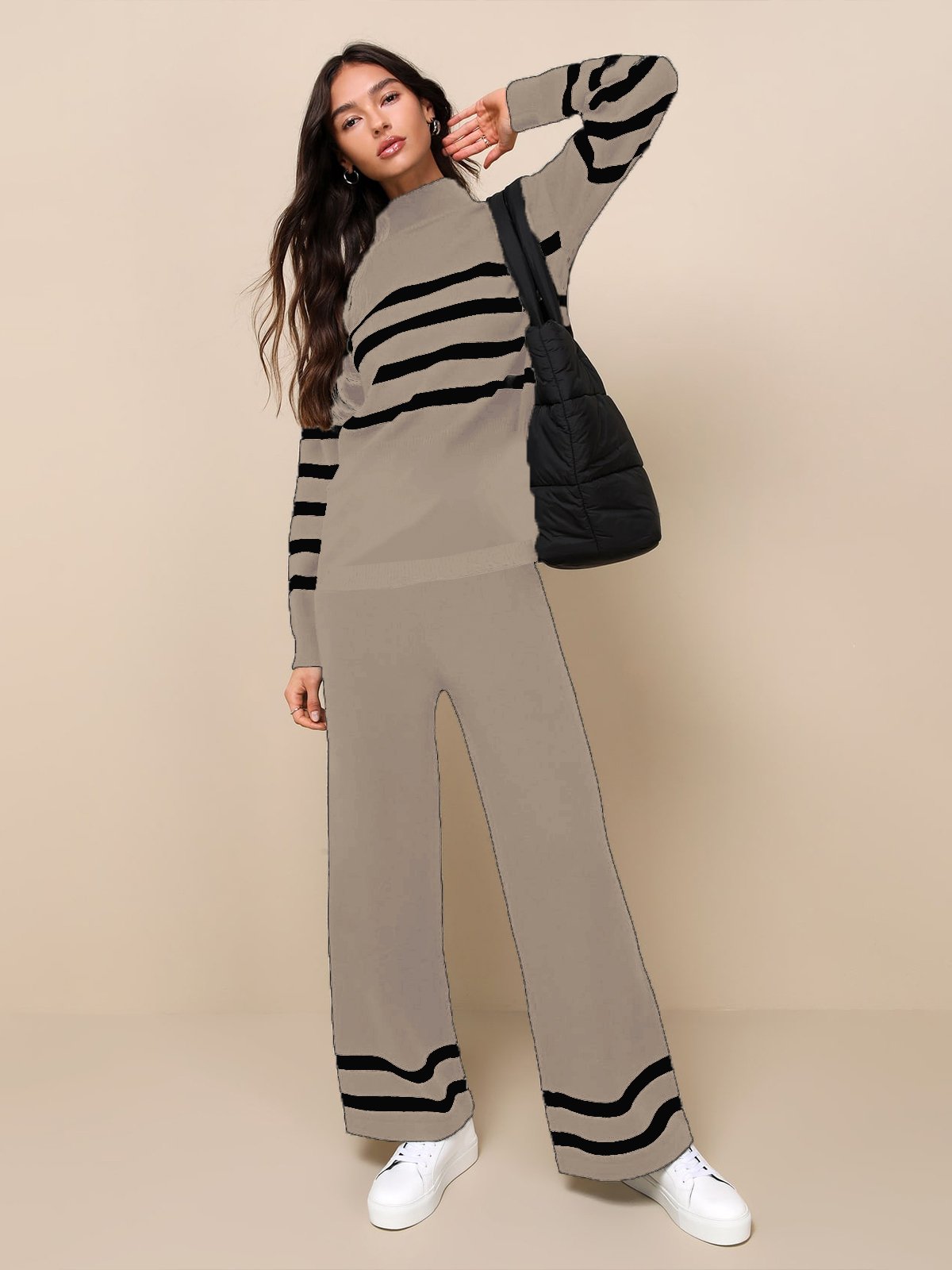 Women's Striped Daily Going Out Two Piece Set Long Sleeve Casual Spring/Fall Top With Pants Matching Set