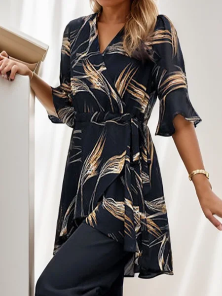 Women's Floral Printed Two Piece Sets Black Summer Bell Sleeves V Neck 2 Piece Sets