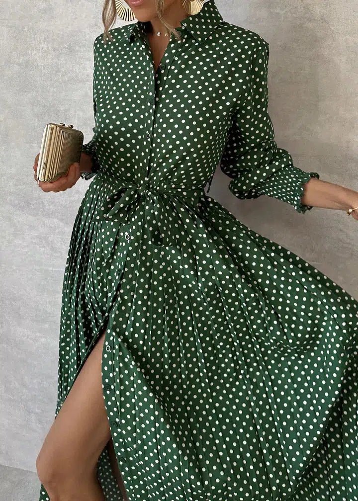 Women's Long Sleeve Spring/Fall Green Polka Dots Shirt Collar Daily Elegant Maxi Dress
