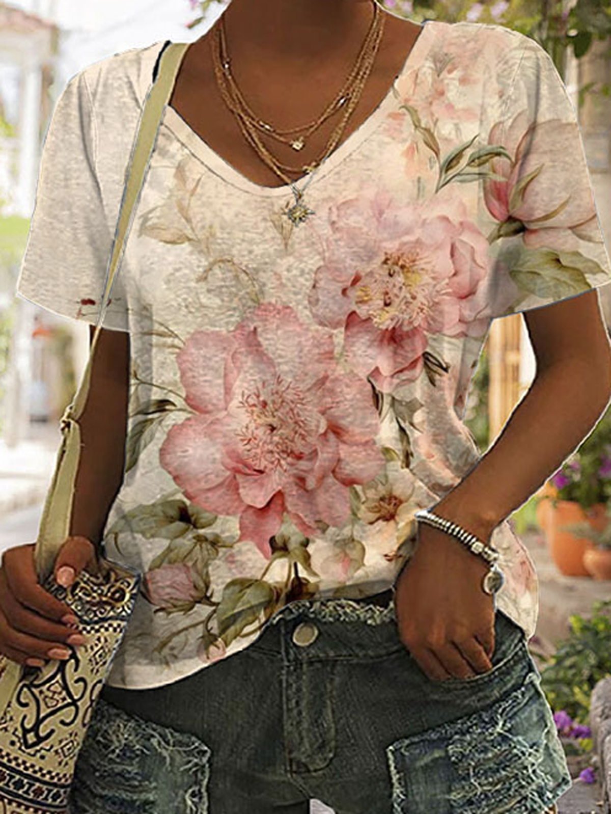 Women's Short Sleeve Tee T-shirt Summer Floral V Neck Daily Going Out Casual Top Multicolor