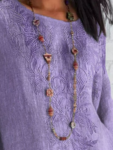 Women's Short Sleeve Blouse Summer Purple Plain Embroidery Cotton Crew Neck Daily Casual Top