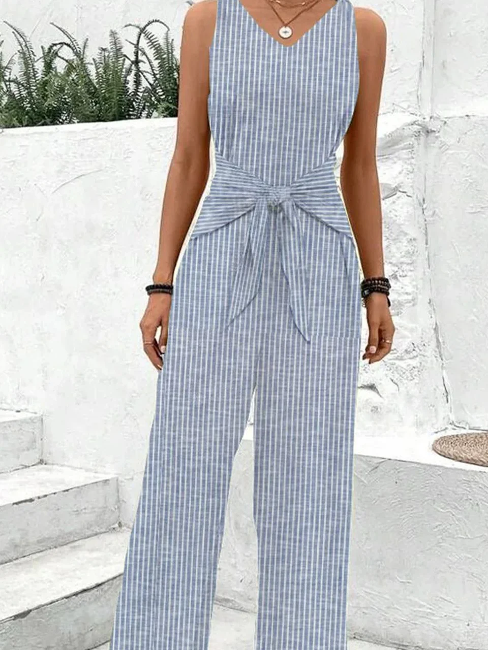 Women's Striped V Neck Sleeveless Casual Summer Cotton Jumpsuit