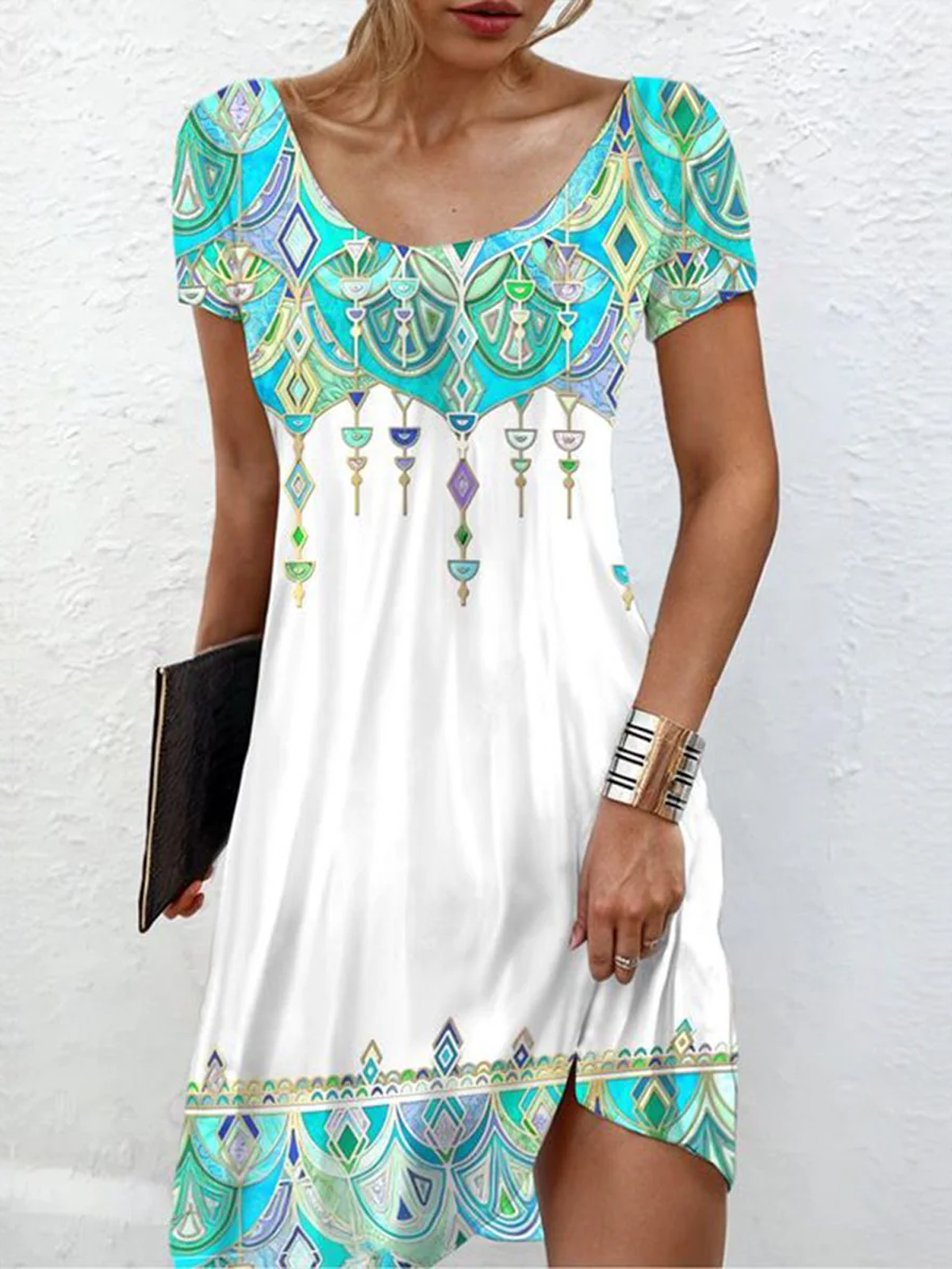 Women's Short Sleeve Summer Ethnic Dress Crew Neck Daily Going Out Casual Mini H-Line